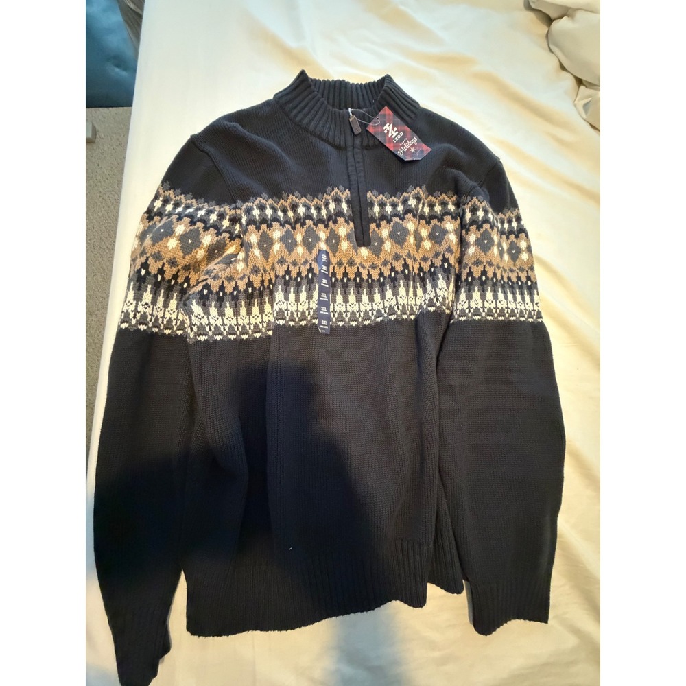 IZOD Mens 3XB Black Fair Isle Quarter Zip Sweater Cotton Blend NWT